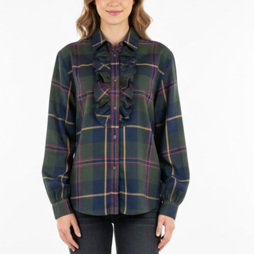 VTG Liz Claiborne Collection Plaid Ruffle Front Shoulder Padded Blouse Size 12